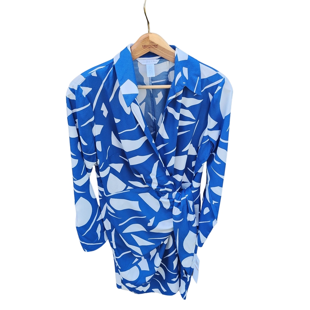 London Times Blue and White Long Sleeve Faux Wrap Dress, Size 12 - Picture 8 of 12